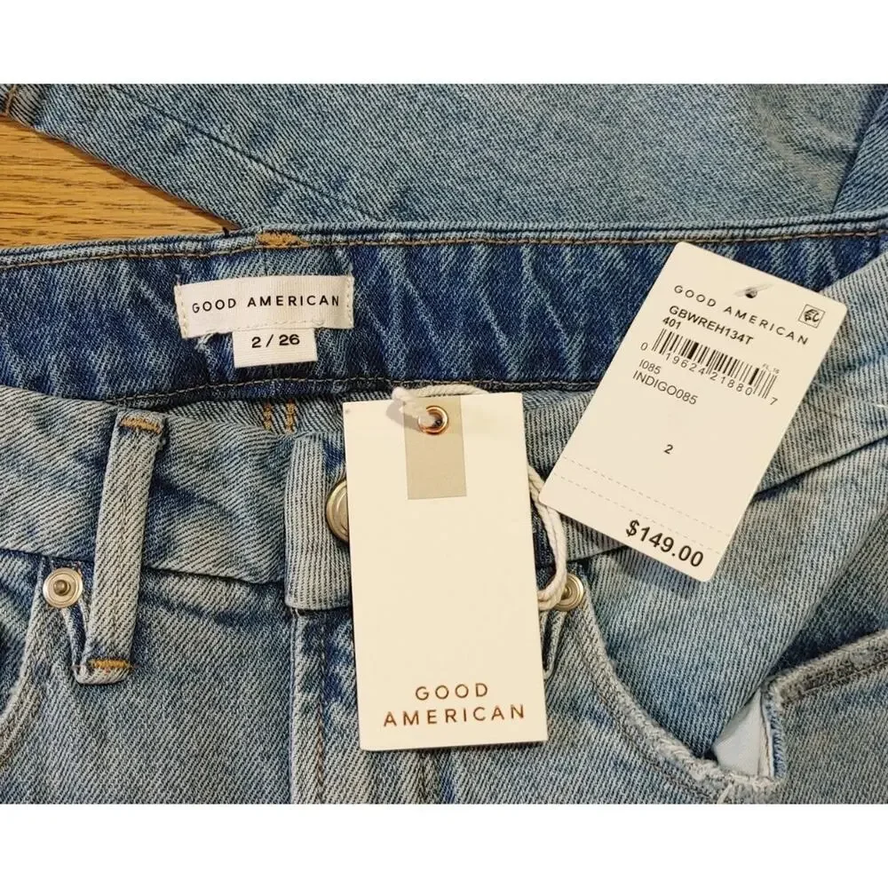 Good American Good Boy Destroyed High Waist Jeans Indigo085 Womens Size 2 NWT - Picture 7 of 10